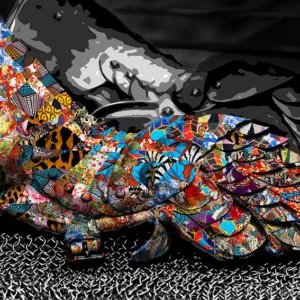 This "Gauntlet" painting of this art collection is a depiction of the medieval leather gloves by artist Kristel Bechara