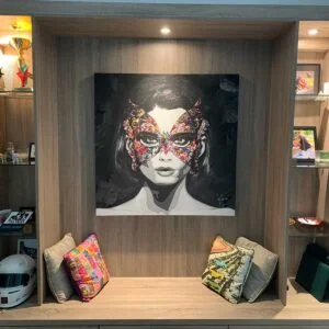 In "The Girl with a Butterfly Mask" canvas painting the point of attraction is a butterfly to symbolize transformation. Worlwide shipping!