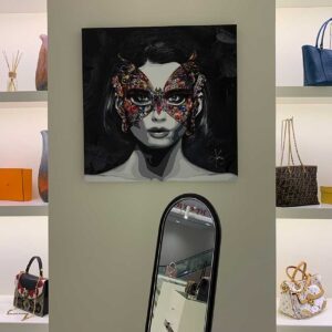 Ask a Woman 55 In "The Girl with a Butterfly Mask" canvas painting the point of attraction is a butterfly to symbolize transformation. Worlwide shipping!