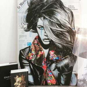 Ask a Woman 7 "Sleepless”painting is done in ink on newspaper pages collated on cardboard with Artist Skopelitis in this art collection. Worlwide shipping!