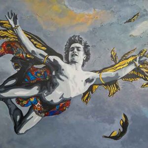 This canvas art by Kristel Bechara captures Icarus who serves as a cautionary tale of the dangers of ignoring the importance of moderation..