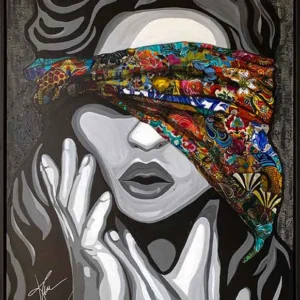 Justice 11 In this canvas painting by Kristel Bechara, Lady of Justice is blindfolded by a scarf symbolizing her impartiality to status, wealth or class