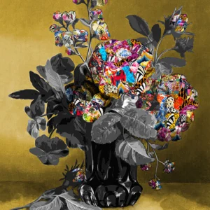 Peonies are portrayed by Kristel Bechara in this painting; they symbolize nobility, honour, and wealth in the East
