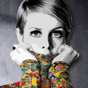 British model Twiggy who set the new desirable look in the sixties is portrayed in this contemporary art painting by Kristel Bechara