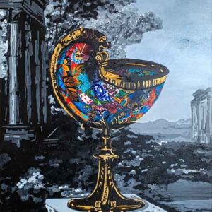 In this canvas artwork, the Nautilus Cup is on a pedestal for the viewer to admire and to take a moment to ponder over its significance..