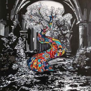The Tree of Knowledge a significant character in the origins of faiths and traditions is portrayed in this canvas painting by Kristel Bechara