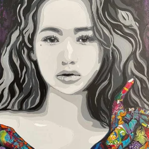 Do No Evil 3 In this acrylic on canvas "Do No Evil" portrait, the Wise Woman looks at us with an introspective gaze as her arms wrap around her.