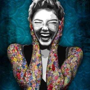 In this "Hear No Evil" print on plexi by Kristel Bechara, the amused Wise Woman is found covering her ears with her colour coated hands while laughing heartily.