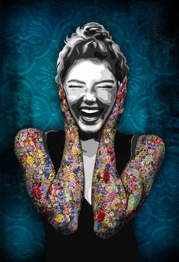 In this "Hear No Evil" print on plexi by Kristel Bechara, the amused Wise Woman is found covering her ears with her colour coated hands while laughing heartily.