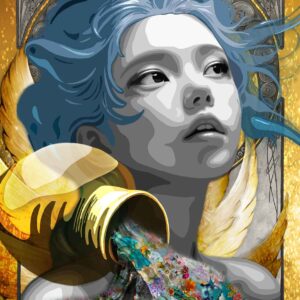 Title: “Archetype of Aquarius ” (Cupbearer of the Gods) 100 x 150 cm The giver of light. The eternal renewal. Inspired by Hebe, goddess of youth and divine grace, this archetype captures the visionary and life-giving energy of Aquarius, the water-bearer who pours renewal into the world. Her serene gaze lifts softly toward the distance, her blue hair flowing like waves of air and light. In her hands, a golden vessel tips forward, releasing a cascade of patterned water, a river of color and flowers that spills beyond the frame, symbolizing vitality, abundance, and eternal motion. Behind her, golden wings unfurl, echoing her divine purpose as the bearer of rejuvenation. The composition glows with contrasts, silver and gold, water and sky, stillness and movement, capturing the duality of Aquarius: the dreamer and the giver. Through Hebe, Aquarius becomes the Cupbearer of the Gods, graceful, ageless, and endlessly flowing, forever offering the gift of renewal