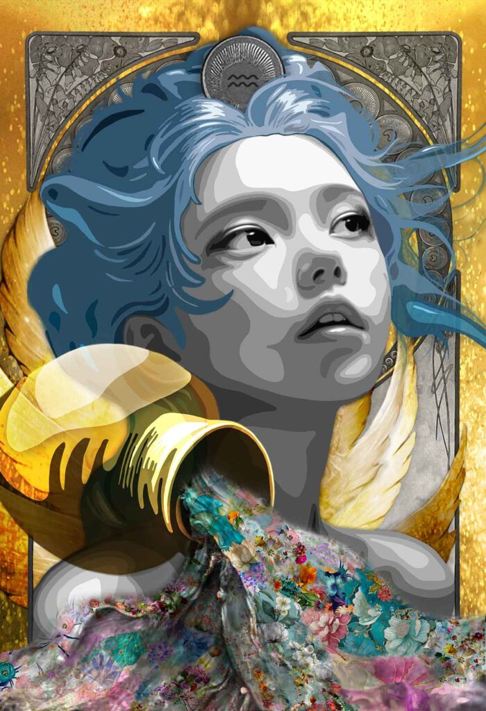 Title: “Archetype of Aquarius ” (Cupbearer of the Gods) 100 x 150 cm The giver of light. The eternal renewal. Inspired by Hebe, goddess of youth and divine grace, this archetype captures the visionary and life-giving energy of Aquarius, the water-bearer who pours renewal into the world. Her serene gaze lifts softly toward the distance, her blue hair flowing like waves of air and light. In her hands, a golden vessel tips forward, releasing a cascade of patterned water, a river of color and flowers that spills beyond the frame, symbolizing vitality, abundance, and eternal motion. Behind her, golden wings unfurl, echoing her divine purpose as the bearer of rejuvenation. The composition glows with contrasts, silver and gold, water and sky, stillness and movement, capturing the duality of Aquarius: the dreamer and the giver. Through Hebe, Aquarius becomes the Cupbearer of the Gods, graceful, ageless, and endlessly flowing, forever offering the gift of renewal