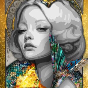 Title: “Archetype of Capricorn ” (The keeper of the flame) 100 x 150 cm Story: The quiet fire. The eternal devotion. Inspired by Hestia, goddess of the hearth and sacred flame, this archetype reflects the enduring calm and grounded strength of Capricorn. Her expression is poised and contemplative, illuminated by the golden fire she cradles in her hands, a flame that radiates warmth without consuming. Her horns curve above her head, glimmering with molten texture, symbols of resilience and stability. Draped in intricate patterns, her figure is wrapped by a fish tail that rises around her, merging earth and water, mountain and sea, the essence of the Capricorn myth. The surrounding gold glows softly against her grayscale serenity, evoking a balance between inner stillness and elemental power. Capricorn, through Hestia, becomes the Keeper of the Flame, steadfast, luminous, and endlessly composed. The quiet strength that endures through time