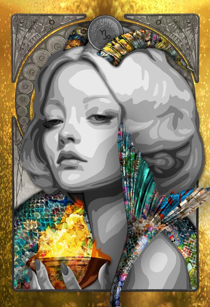 Title: “Archetype of Capricorn ” (The keeper of the flame) 100 x 150 cm Story: The quiet fire. The eternal devotion. Inspired by Hestia, goddess of the hearth and sacred flame, this archetype reflects the enduring calm and grounded strength of Capricorn. Her expression is poised and contemplative, illuminated by the golden fire she cradles in her hands, a flame that radiates warmth without consuming. Her horns curve above her head, glimmering with molten texture, symbols of resilience and stability. Draped in intricate patterns, her figure is wrapped by a fish tail that rises around her, merging earth and water, mountain and sea, the essence of the Capricorn myth. The surrounding gold glows softly against her grayscale serenity, evoking a balance between inner stillness and elemental power. Capricorn, through Hestia, becomes the Keeper of the Flame, steadfast, luminous, and endlessly composed. The quiet strength that endures through time