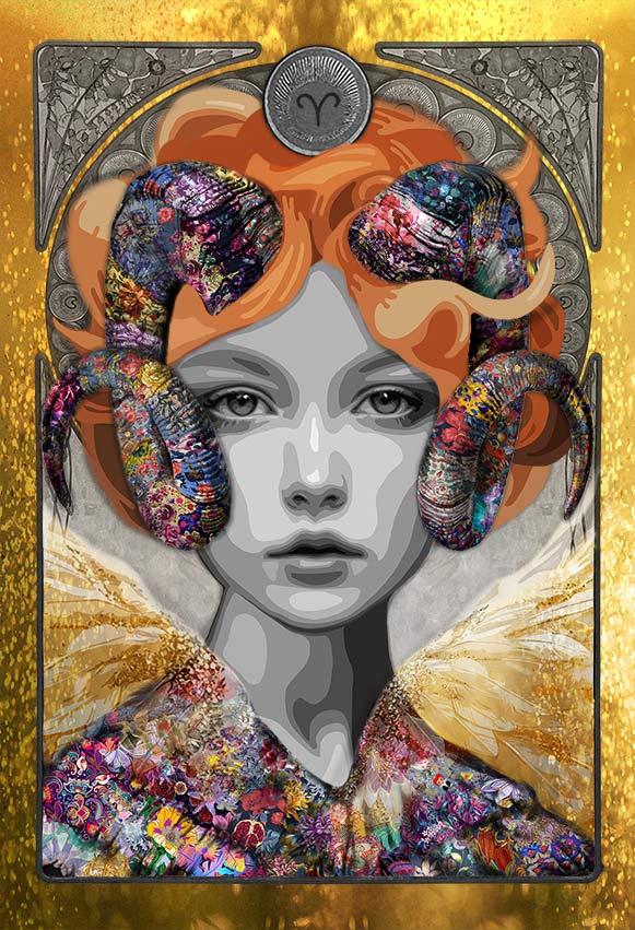 Title: “Archetype of Aries ” (The Dawn Bringer) 100 x 150 cm Story: The first flame. The awakening of light. Inspired by Eos, goddess of the dawn, this archetype embodies the fearless, radiant spirit of Aries, the initiator, the spark that begins all things. Her gaze holds both calm and fire, framed by flaming copper hair that rises like the sun’s first breath. From her crown, ornate ram horns spiral in color and texture, symbols of strength and emergence. Behind her, golden wings unfold, shimmering with the promise of new beginnings. Her garment glows with vibrant patterns that blend flame and bloom, capturing the energy of a world reborn. She stands poised between night and day — the threshold where courage becomes creation. Through Eos, Aries becomes the Dawn Bringer, the embodiment of renewal, the light that leads, and the eternal courage to rise.