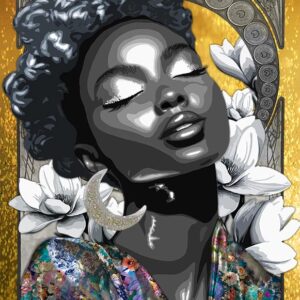 Title: “Archetype of Cancer ” (The Moon Keeper) 100 x 150 cm Story: The light within stillness. The rhythm of emotion. Inspired by Selene, goddess of the Moon, this archetype embodies the essence of Cancer through quiet strength, intuition, and luminous grace. Her face is lifted gently toward the light, eyes closed in calm surrender. The glow on her skin recalls the shimmer of moonlight across still water. Her coiled hair frames her face like a halo of tides, while moonflowers unfold behind her, symbols of intuition and nocturnal grace. A crescent moon rests at her ear, glinting softly with the rhythm of night. Her body is covered in flowing patterns of silver and oceanic tones, merging her form with the tides and the sky. She is both protector and dreamer, grounded yet fluid, reflecting the inner world of emotion and memory. Through Selene, Cancer becomes the Moon Keeper, the guardian of reflection and the silent light that guides through darkness.