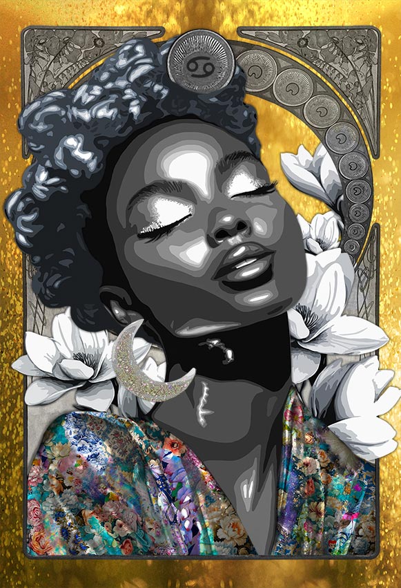 Title: “Archetype of Cancer ” (The Moon Keeper) 100 x 150 cm Story: The light within stillness. The rhythm of emotion. Inspired by Selene, goddess of the Moon, this archetype embodies the essence of Cancer through quiet strength, intuition, and luminous grace. Her face is lifted gently toward the light, eyes closed in calm surrender. The glow on her skin recalls the shimmer of moonlight across still water. Her coiled hair frames her face like a halo of tides, while moonflowers unfold behind her, symbols of intuition and nocturnal grace. A crescent moon rests at her ear, glinting softly with the rhythm of night. Her body is covered in flowing patterns of silver and oceanic tones, merging her form with the tides and the sky. She is both protector and dreamer, grounded yet fluid, reflecting the inner world of emotion and memory. Through Selene, Cancer becomes the Moon Keeper, the guardian of reflection and the silent light that guides through darkness.