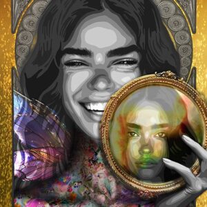 Title: “Archetype of Gemini ” (The Twin Muse) 100 x 150 cm Story: The echo of laughter. The silence between. Inspired by Iris, goddess of the rainbow and messenger between realms, this archetype embodies the vibrant duality of Gemini, the dialogue between joy and reflection, voice and thought, light and shadow. Her face glows with laughter, radiant and free, while her mirrored reflection gazes back in quiet stillness. The golden frame she holds bridges two worlds, one alive with color, the other suspended in calm. An iridescent wing rises beside her, shimmering with hues of violet and gold, the mark of a soul in motion. Her body shimmers with intricate patterns of flowers, feathers, and birds, alive with air and color. She is both the question and the answer, a living prism of emotion and intellect. Through Iris, Gemini becomes the Twin Muse, the messenger of light who reminds us that truth lives in the space between expression and reflection.