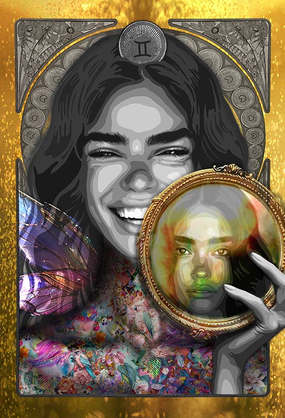 Title: “Archetype of Gemini ” (The Twin Muse) 100 x 150 cm Story: The echo of laughter. The silence between. Inspired by Iris, goddess of the rainbow and messenger between realms, this archetype embodies the vibrant duality of Gemini, the dialogue between joy and reflection, voice and thought, light and shadow. Her face glows with laughter, radiant and free, while her mirrored reflection gazes back in quiet stillness. The golden frame she holds bridges two worlds, one alive with color, the other suspended in calm. An iridescent wing rises beside her, shimmering with hues of violet and gold, the mark of a soul in motion. Her body shimmers with intricate patterns of flowers, feathers, and birds, alive with air and color. She is both the question and the answer, a living prism of emotion and intellect. Through Iris, Gemini becomes the Twin Muse, the messenger of light who reminds us that truth lives in the space between expression and reflection.