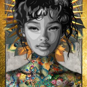 Title: “Archetype of Leo” (The Solar Empress) 100 x 150 cm Story: Starborn Archetype: Leo – The Solar Empress Inspired by Hera, queen of the gods, this archetype reflects the radiant heart of Leo through presence, dignity, and quiet command. Her face is illuminated by a crown of golden rays that burst behind her, echoing the sun at its zenith. Her expression is calm and assured, with a softness that carries unmistakable strength. Her hair falls in dark, flowing curls that frame her face like a living halo. Around her neck and shoulders, her skin transforms into an intricate tapestry of vivid patterns. Florals, peacock motifs, and glowing jewel tones blend together, recalling regal adornment and Hera’s sacred symbols. Feather and golden petal shapes surround her, merging with the radiant burst behind her to create a sense of solar majesty. She stands as the embodiment of warmth and sovereignty. Her light is steady, not imposed. Her power comes from presence rather than force. Through Hera, Leo becomes the Solar Empress, a figure who lights the world by simply being.