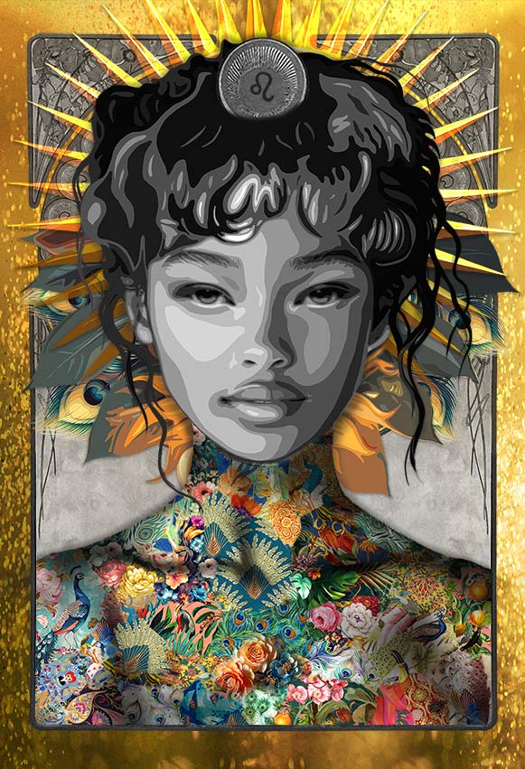 Title: “Archetype of Leo” (The Solar Empress) 100 x 150 cm Story: Starborn Archetype: Leo – The Solar Empress Inspired by Hera, queen of the gods, this archetype reflects the radiant heart of Leo through presence, dignity, and quiet command. Her face is illuminated by a crown of golden rays that burst behind her, echoing the sun at its zenith. Her expression is calm and assured, with a softness that carries unmistakable strength. Her hair falls in dark, flowing curls that frame her face like a living halo. Around her neck and shoulders, her skin transforms into an intricate tapestry of vivid patterns. Florals, peacock motifs, and glowing jewel tones blend together, recalling regal adornment and Hera’s sacred symbols. Feather and golden petal shapes surround her, merging with the radiant burst behind her to create a sense of solar majesty. She stands as the embodiment of warmth and sovereignty. Her light is steady, not imposed. Her power comes from presence rather than force. Through Hera, Leo becomes the Solar Empress, a figure who lights the world by simply being.