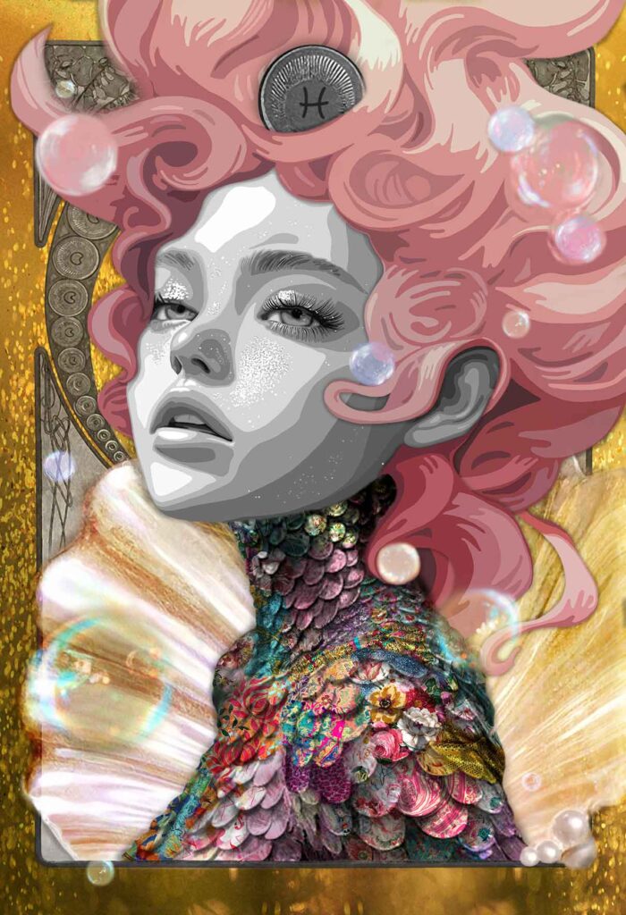 Title: “Archetype of Pisces ” (The Dreamer) 100 x 150 cm The quiet tide. The dream made light. Inspired by Aphrodite, goddess of love and creation, this archetype embodies the soulful, intuitive essence of Pisces, where emotion becomes art and beauty drifts between worlds. Her face rises gently toward the light, bathed in the shimmer of the sea. Around her, pearlescent bubbles float through golden glow, and a halo shaped like a scallop shell crowns her in soft radiance. Her hair, a coral pink tide, flows like a current of dreams. Her garment shimmers with iridescent scales that dissolve into floral patterns, an ocean of color, texture, and reflection. She is both muse and memory, her stillness alive with movement. Through Aphrodite, Pisces becomes the Dreamer, the final breath of the Zodiac, where the sea holds the sky and love becomes the language of creation.