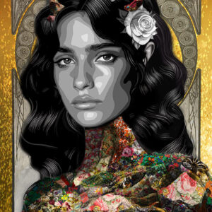 Title: “Archetype of Taurus” (The Earth Empress) 100 x 150 cm Story: The rooted soul. The beauty that endures. Inspired by Gaia, goddess of the Earth and life itself, this archetype embodies the strength, patience, and quiet abundance of Taurus, the eternal nurturer grounded in grace. Her gaze is calm and timeless, framed by dark flowing hair that mirrors fertile soil and the rhythm of the land. From her crown, floral horns rise in soft strength, while a single white rose blooms beside her face as a symbol of purity amid richness. Her shoulders take the form of intertwining roots, covered with intricate patterns and blossoms, uniting earth and life in one living form. Golden light surrounds her like the warmth of the sun on soil, steady, generous, and full of promise. Through Gaia, Taurus becomes the Earth Empress, rooted in serenity, radiant in stillness, and endless as the world she sustains. ________________________________________