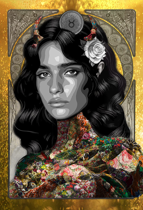 Title: “Archetype of Taurus” (The Earth Empress) 100 x 150 cm Story: The rooted soul. The beauty that endures. Inspired by Gaia, goddess of the Earth and life itself, this archetype embodies the strength, patience, and quiet abundance of Taurus, the eternal nurturer grounded in grace. Her gaze is calm and timeless, framed by dark flowing hair that mirrors fertile soil and the rhythm of the land. From her crown, floral horns rise in soft strength, while a single white rose blooms beside her face as a symbol of purity amid richness. Her shoulders take the form of intertwining roots, covered with intricate patterns and blossoms, uniting earth and life in one living form. Golden light surrounds her like the warmth of the sun on soil, steady, generous, and full of promise. Through Gaia, Taurus becomes the Earth Empress, rooted in serenity, radiant in stillness, and endless as the world she sustains. ________________________________________