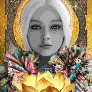 Title: “Archetype of Virgo” (The Healer of Light) 100 x 150 cm Story: Inspired by Hygieia, goddess of health and purification, this archetype reveals the serene essence of Virgo through clarity, devotion, and quiet brilliance. Her face is calm and centered, framed by straight pale hair that falls with a sense of sacred stillness. The golden halo behind her glows with intricate texture, radiating an aura of order and refinement. Across her shoulders, her skin blooms into a tapestry of elaborate botanical patterns, where layered colors and delicate textures form a garden-like composition. At the base of the artwork, a luminous lotus flower opens in golden light, symbolizing purity, healing, and inner awakening. Every detail is intentional. Nothing is excessive or loud. The composition reflects a presence that restores through calm, clarity, and alignment. She is the refined heart of the zodiac.