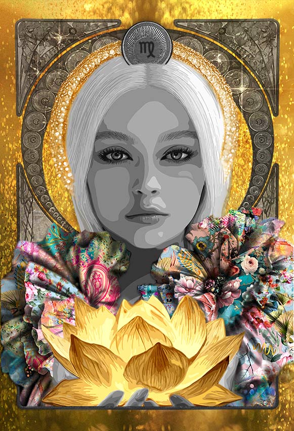 Title: “Archetype of Virgo” (The Healer of Light) 100 x 150 cm Story: Inspired by Hygieia, goddess of health and purification, this archetype reveals the serene essence of Virgo through clarity, devotion, and quiet brilliance. Her face is calm and centered, framed by straight pale hair that falls with a sense of sacred stillness. The golden halo behind her glows with intricate texture, radiating an aura of order and refinement. Across her shoulders, her skin blooms into a tapestry of elaborate botanical patterns, where layered colors and delicate textures form a garden-like composition. At the base of the artwork, a luminous lotus flower opens in golden light, symbolizing purity, healing, and inner awakening. Every detail is intentional. Nothing is excessive or loud. The composition reflects a presence that restores through calm, clarity, and alignment. She is the refined heart of the zodiac.