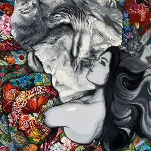 Leda and the Swan 9 Woman and swan amidst floral patterns