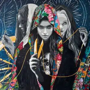 THE MOIRAI 3 Three women with colorful cloaks and scissors